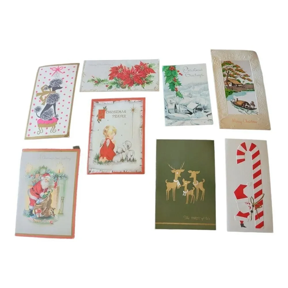 Vintage Christmas Cards 8 USED Santa Sleigh Reindeer Angel Lamb Retro 50s 60s